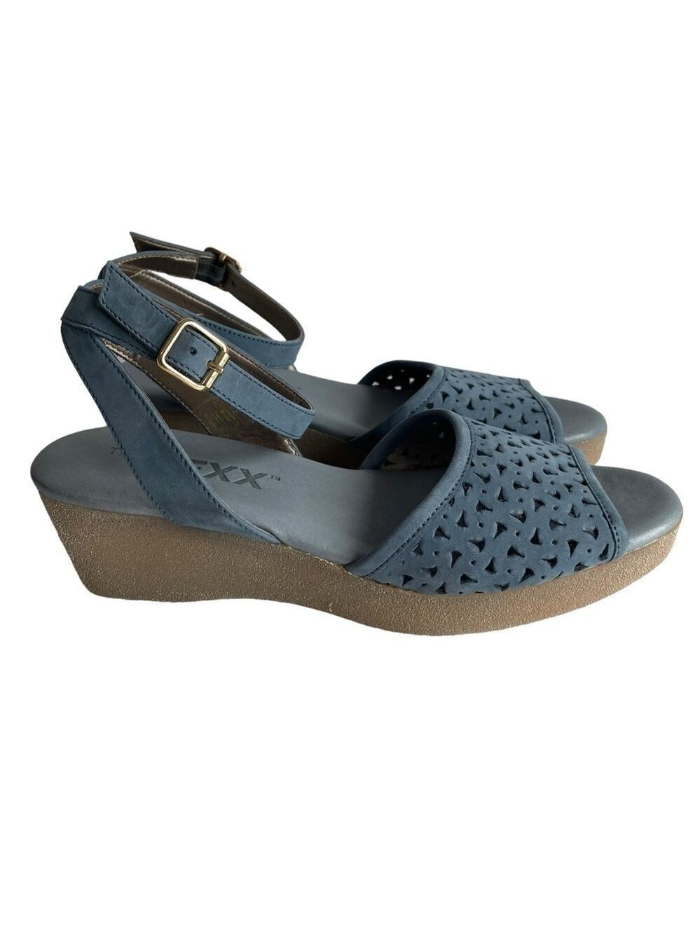 The Flexx Leather Slingback Sandals Womens 7 Blue Low Wedge Heel Open Toe EUC
